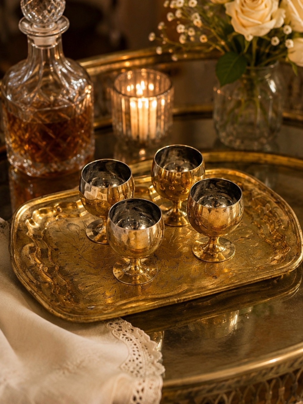 Vintage Brass Mini Goblet Set of 4 with Engraved Serving Tray Barware Decor